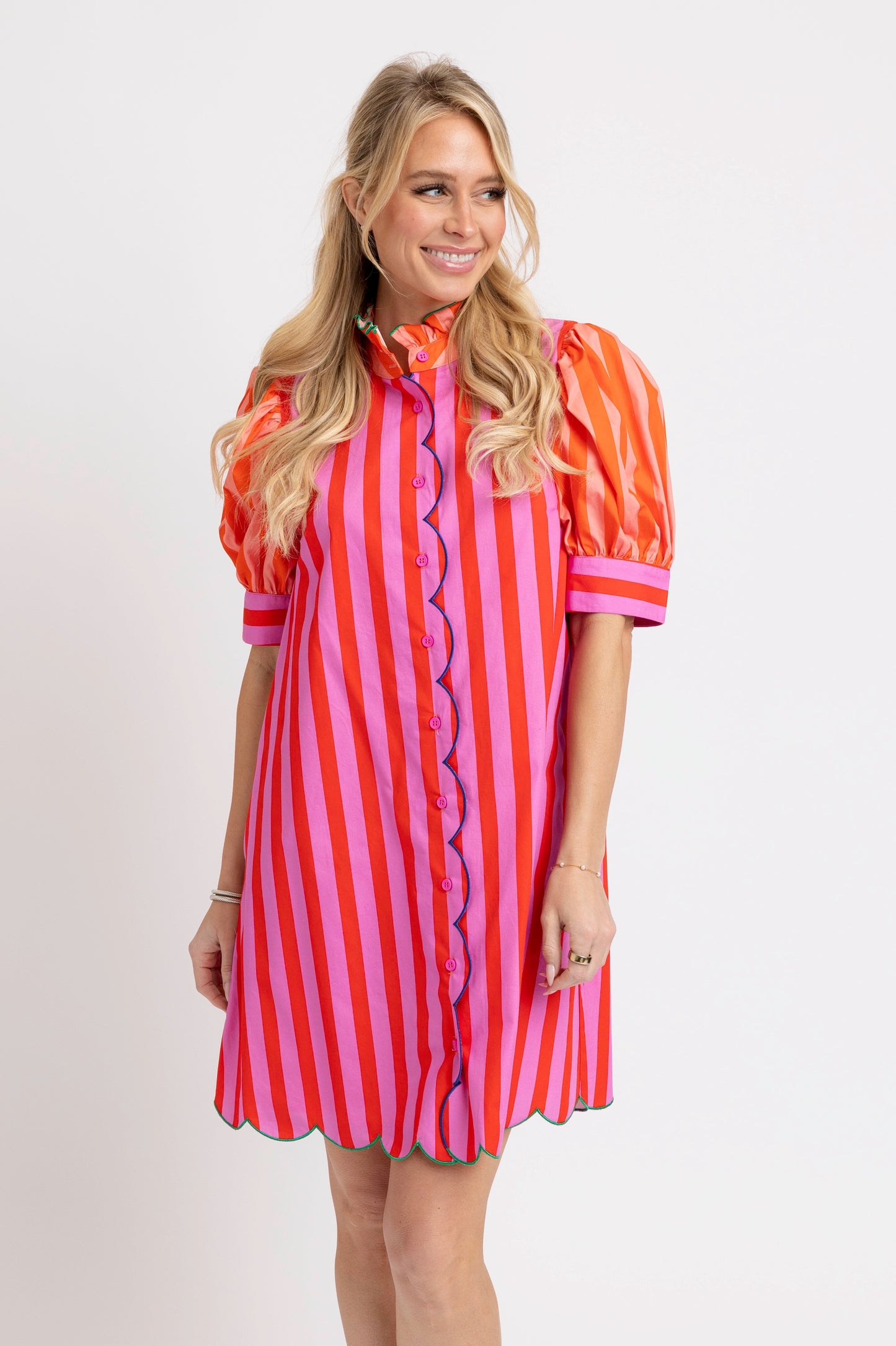 Karlie Scalloped Hem Striped Dress in Multi Color