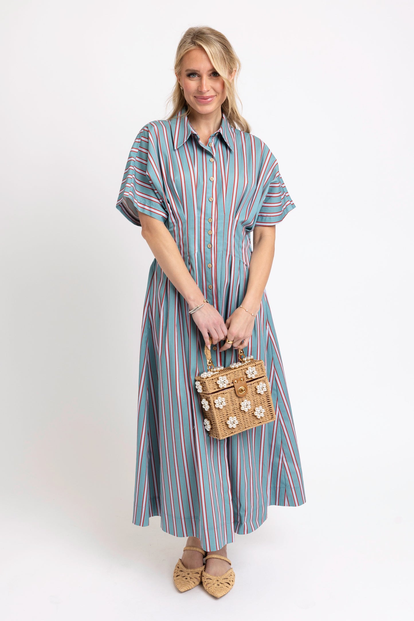 Karlie Poplin Striped Shirt Maxi Dres in Slate/Red Stripe
