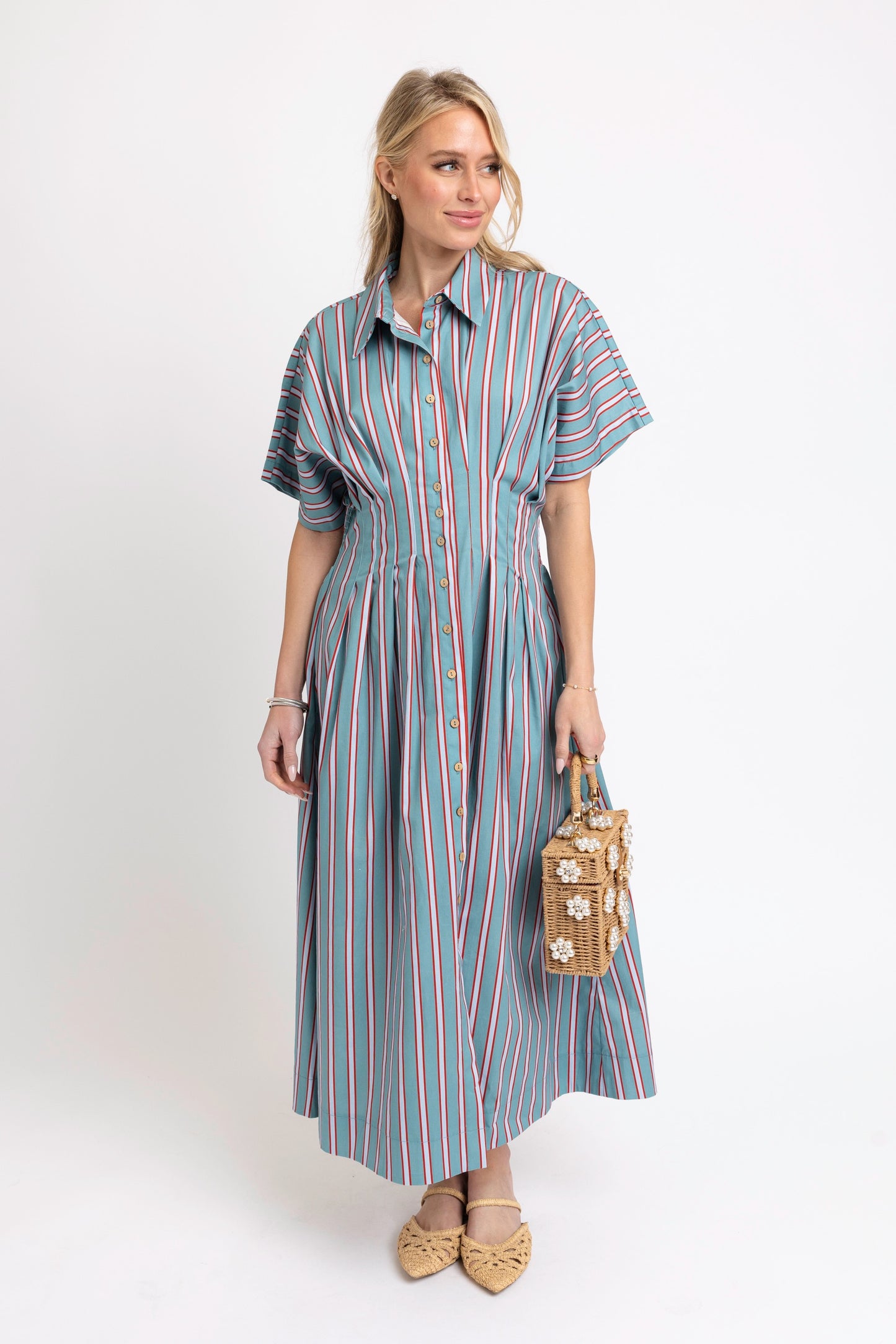 Karlie Poplin Striped Shirt Maxi Dres in Slate/Red Stripe