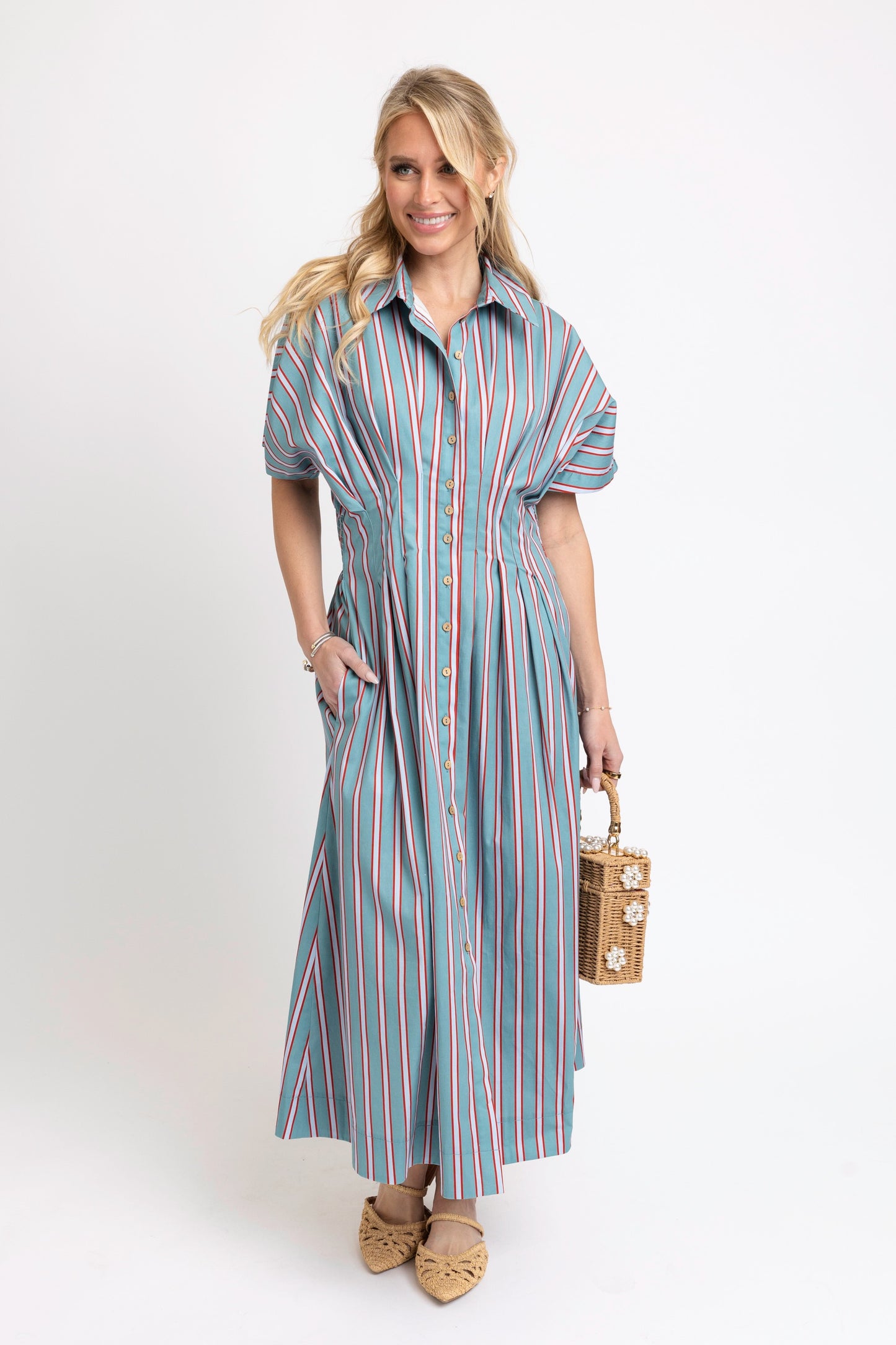 Karlie Poplin Striped Shirt Maxi Dres in Slate/Red Stripe