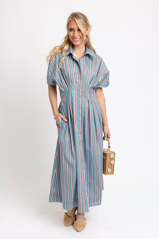 Karlie Poplin Striped Shirt Maxi Dres in Slate/Red Stripe