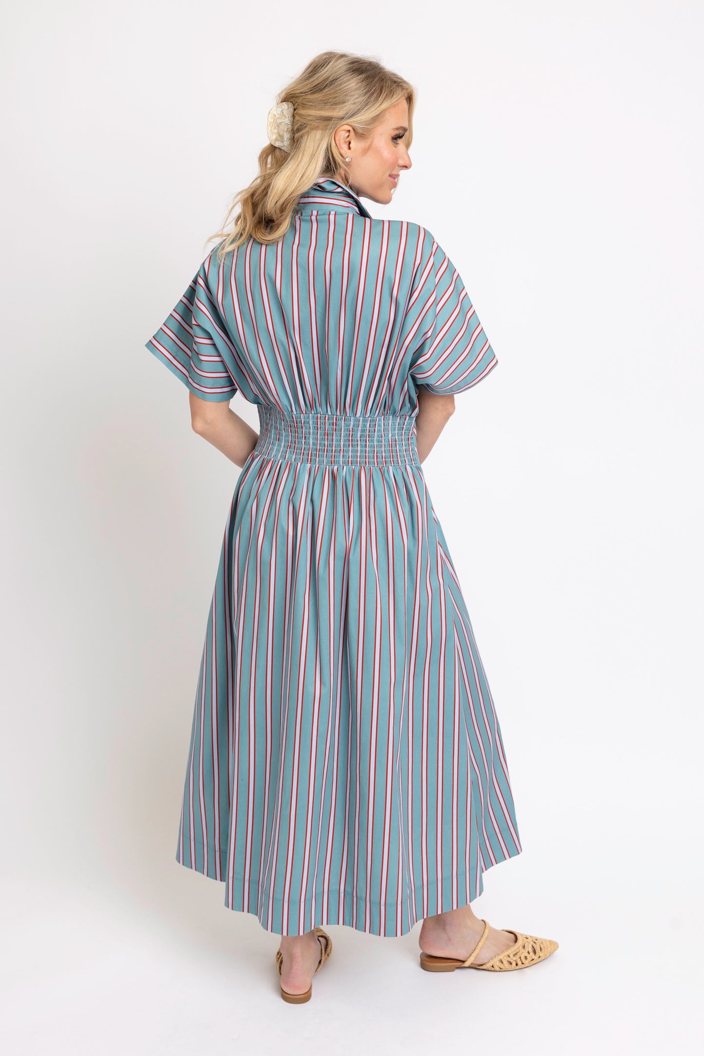 Karlie Poplin Striped Shirt Maxi Dres in Slate/Red Stripe