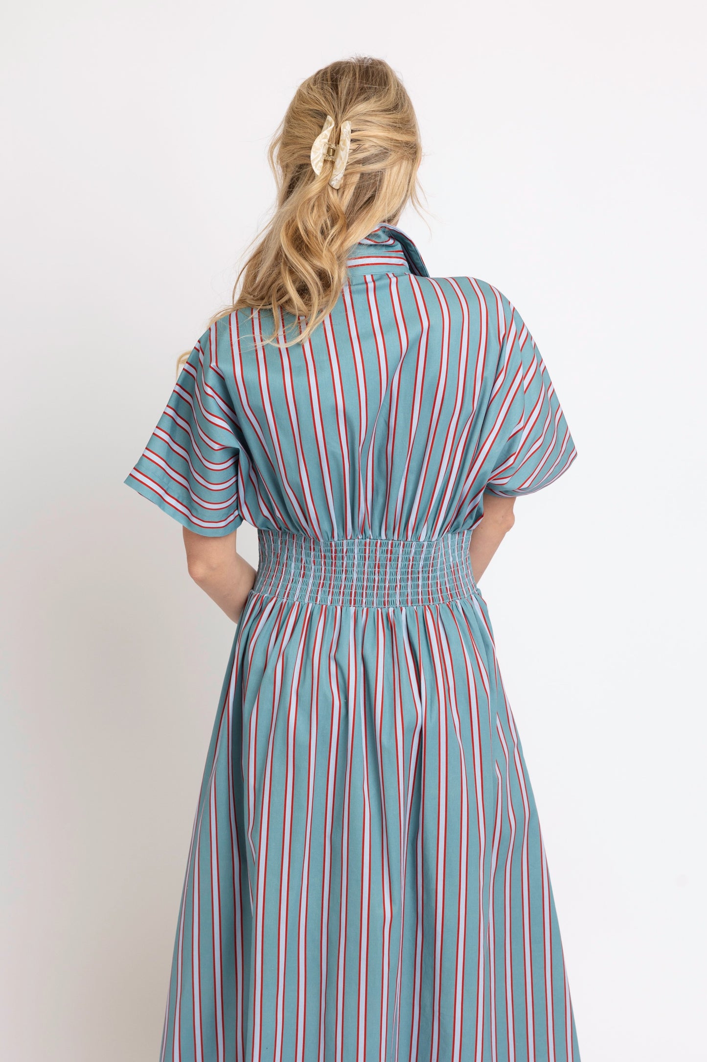 Karlie Poplin Striped Shirt Maxi Dres in Slate/Red Stripe