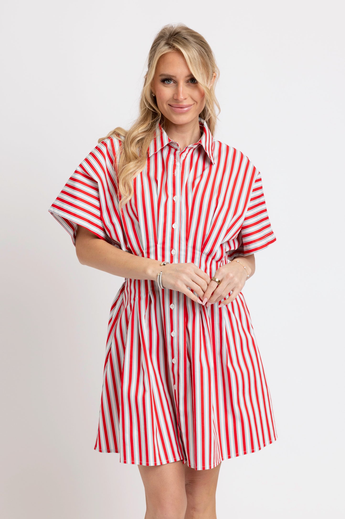 Karlie Striped Americana Button Front Shirt Dress in Red