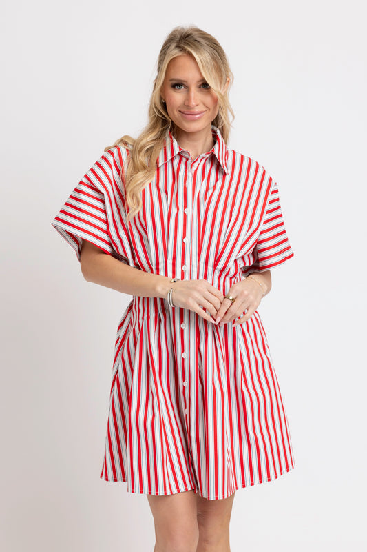 Karlie Striped Americana Button Front Shirt Dress in Red