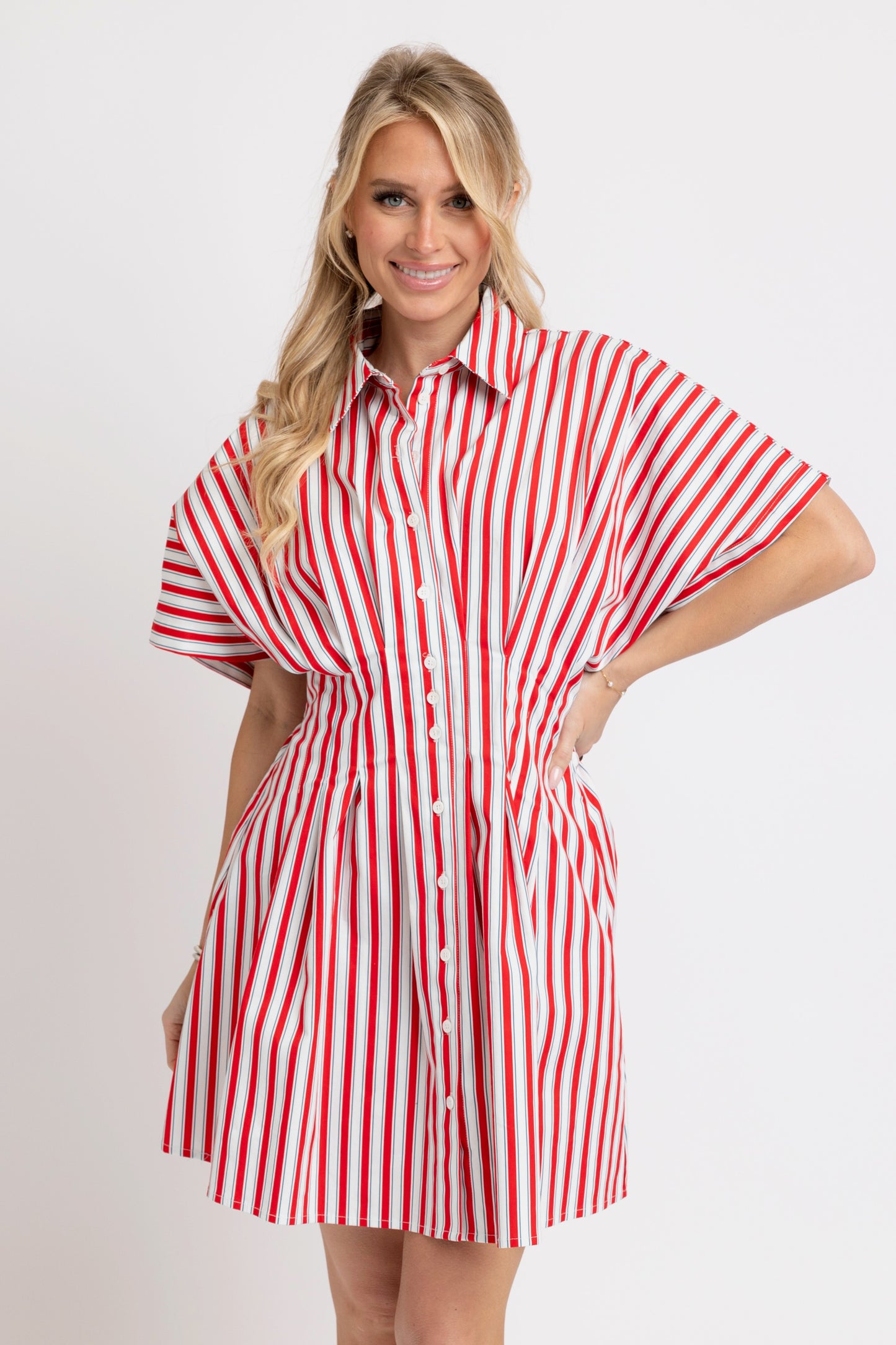 Karlie Striped Americana Button Front Shirt Dress in Red