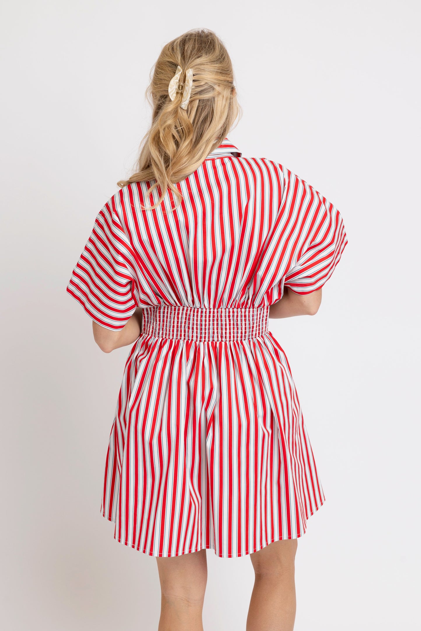 Karlie Striped Americana Button Front Shirt Dress in Red