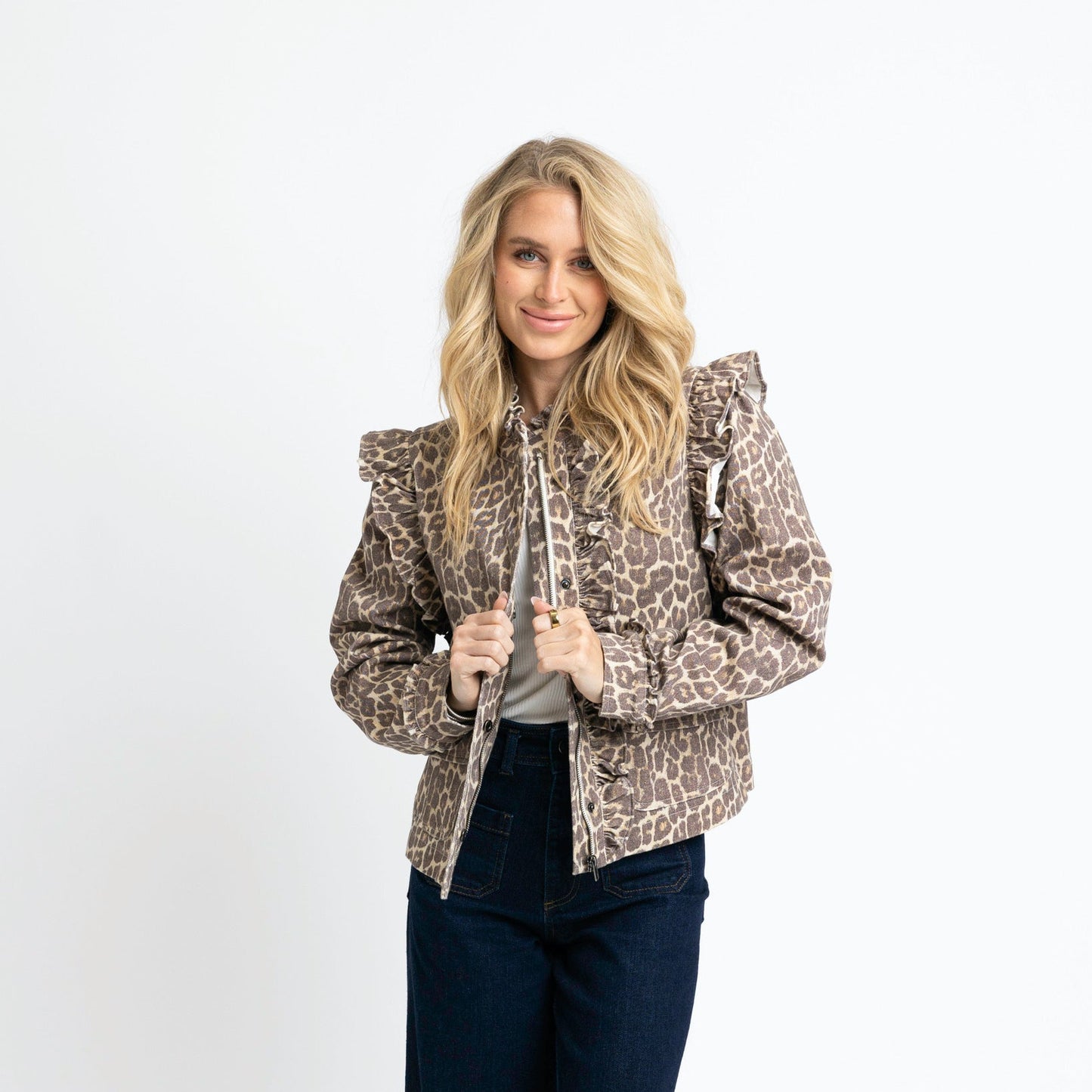 Karlie Ruffled Zip Front Jacket in Leopard