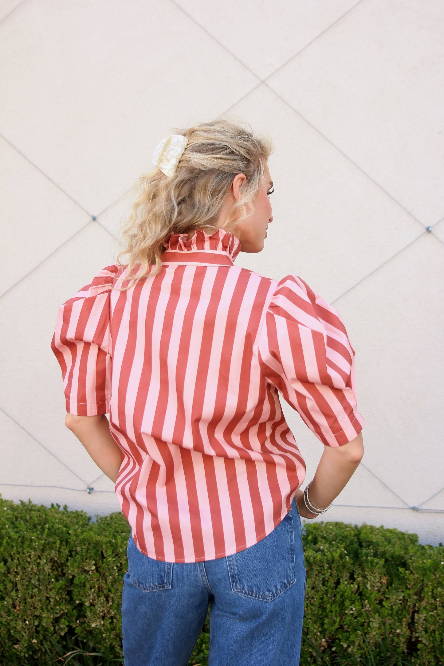 Karlie Ruffled Neck Button Up Top in Burgundy