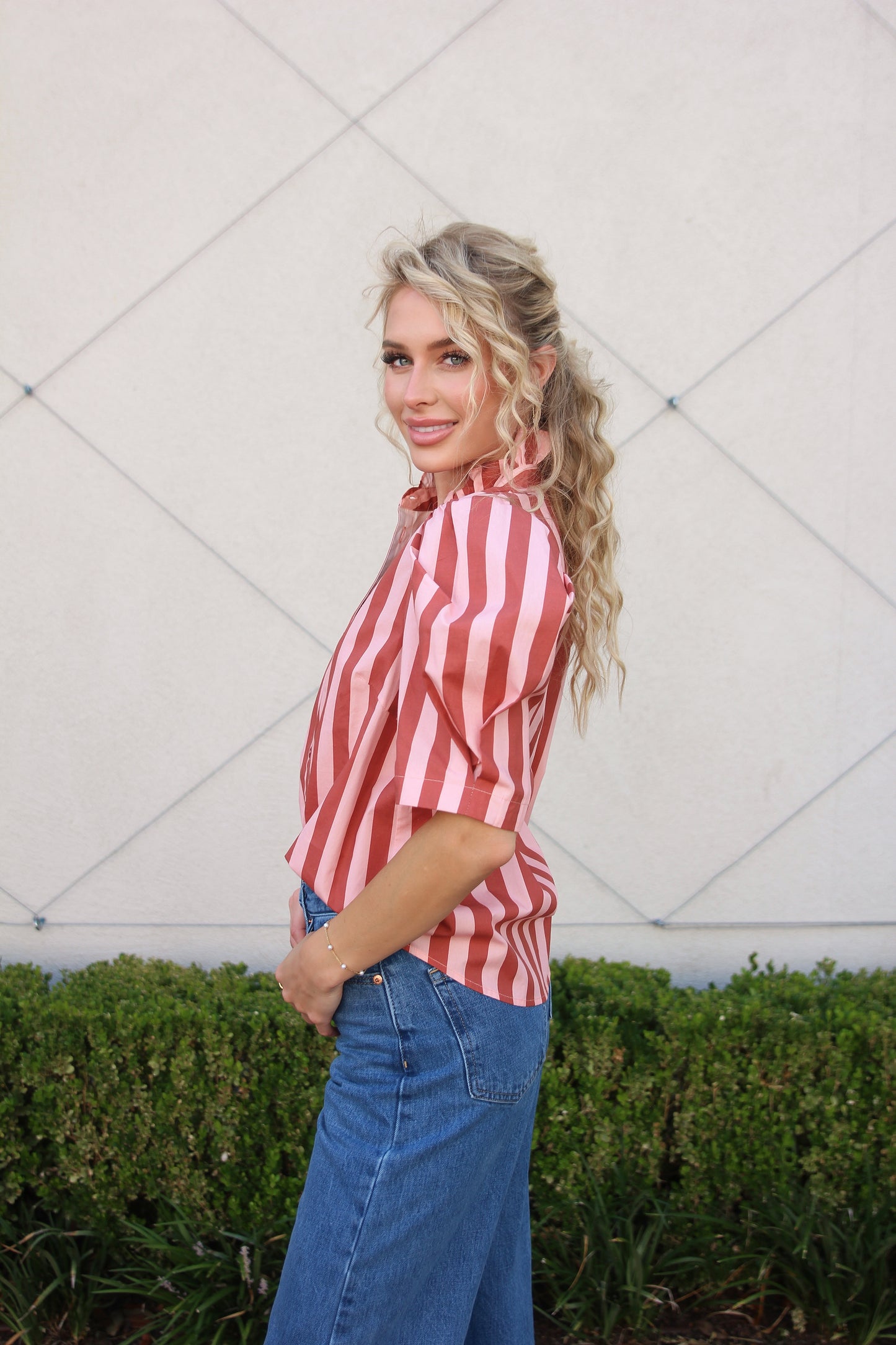 Karlie Ruffled Neck Button Up Top in Burgundy