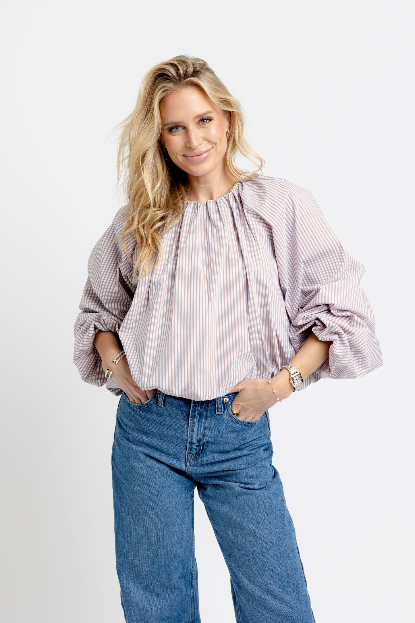 Karlie Striped Poplin Bubble Top in Taupe and Blue
