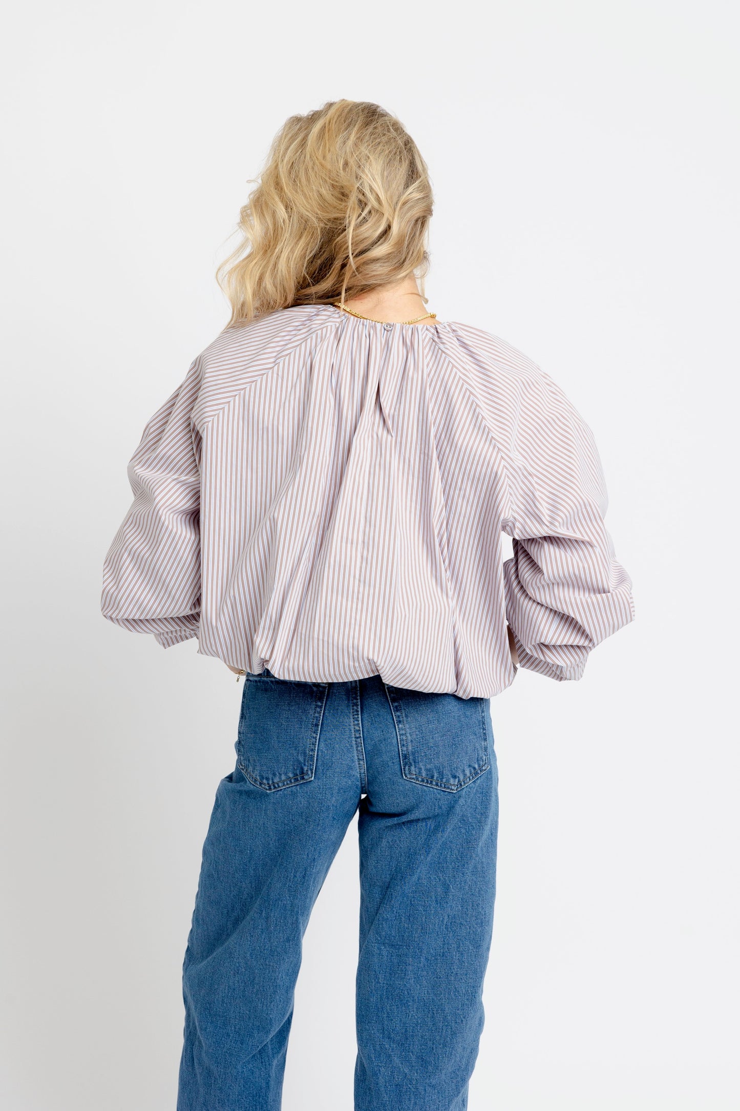 Karlie Striped Poplin Bubble Top in Taupe and Blue