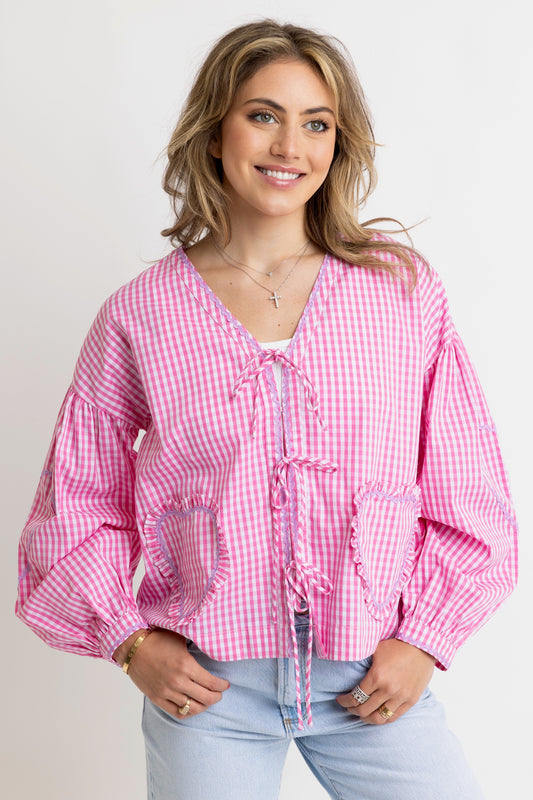 Karlie Vintage Tie Top in Check Hearts