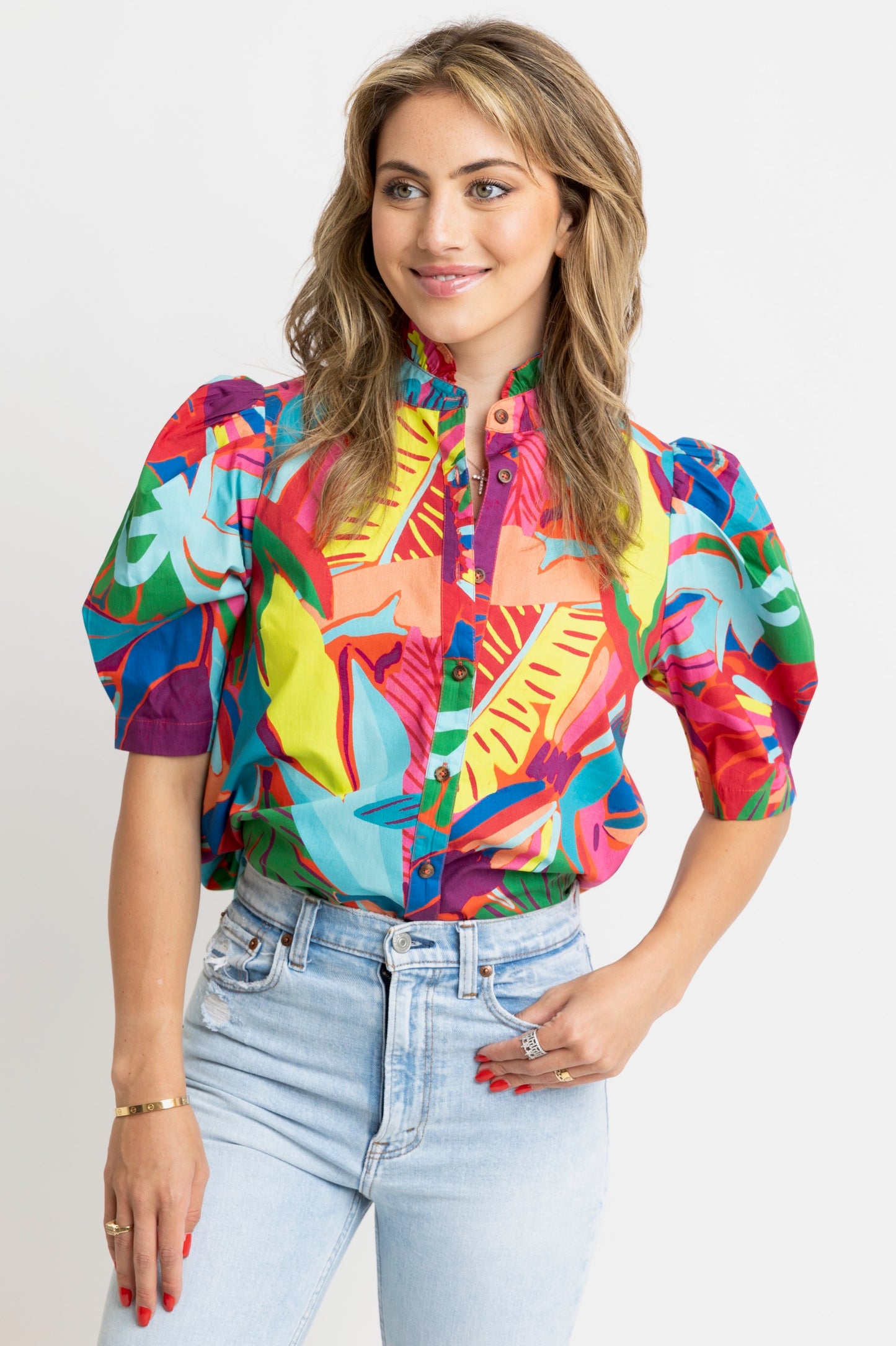 Karlie Puff Sleeve Buttondown Top in Birds of Paradise