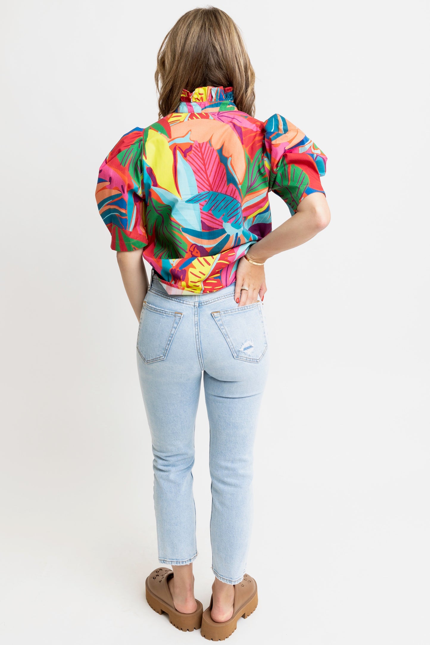 Karlie Puff Sleeve Buttondown Top in Birds of Paradise