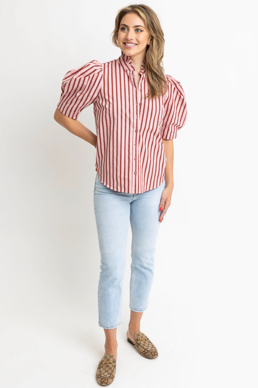 Karlie Ruffled Neck Puff Sleeve Top in Maroon/Pink Stripe