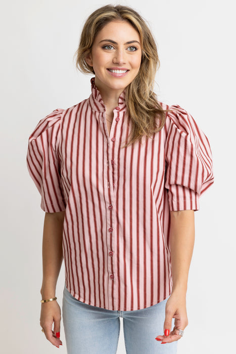 Karlie Ruffled Neck Puff Sleeve Top in Maroon/Pink Stripe