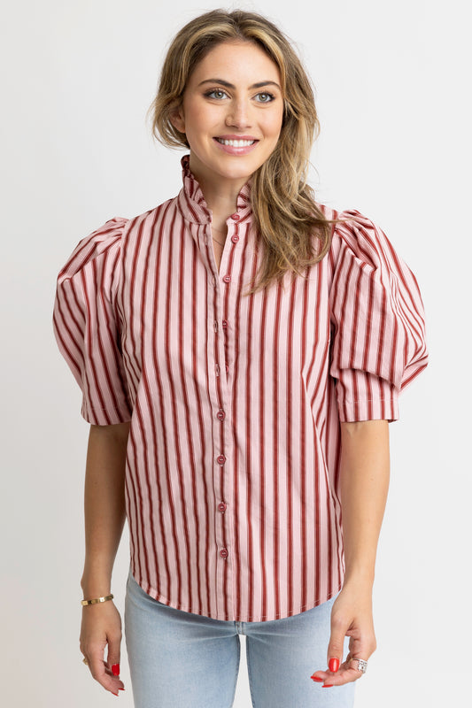 Karlie Ruffled Neck Puff Sleeve Top in Maroon/Pink Stripe