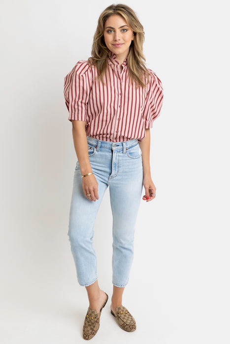 Karlie Ruffled Neck Puff Sleeve Top in Maroon/Pink Stripe