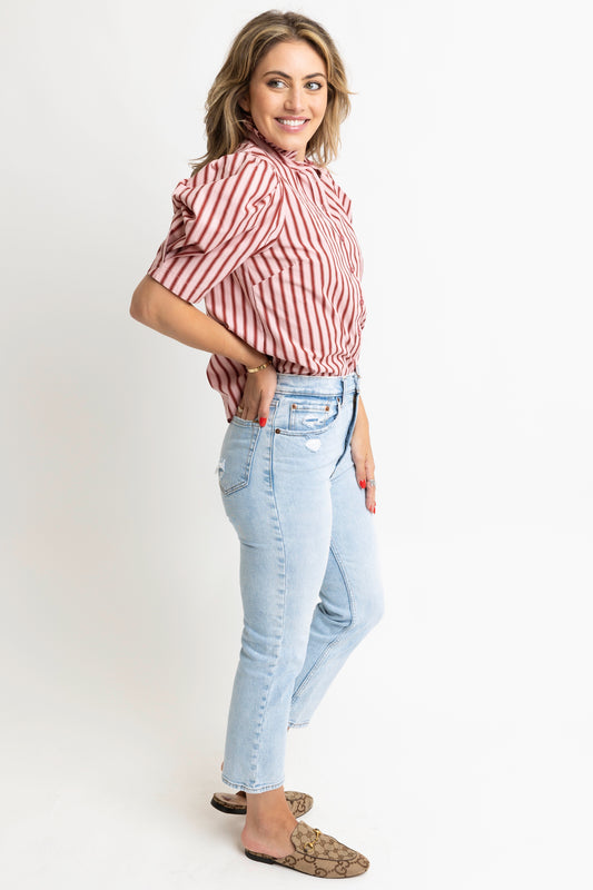 Karlie Ruffled Neck Puff Sleeve Top in Maroon/Pink Stripe