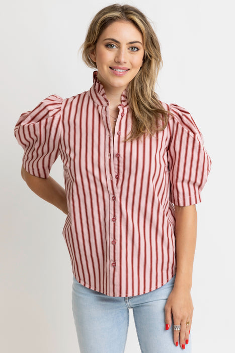 Karlie Ruffled Neck Puff Sleeve Top in Maroon/Pink Stripe