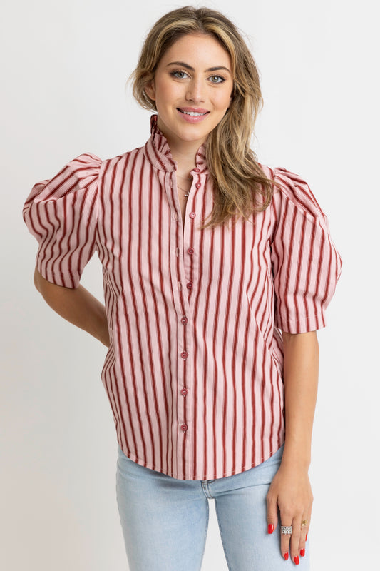 Karlie Ruffled Neck Puff Sleeve Top in Maroon/Pink Stripe