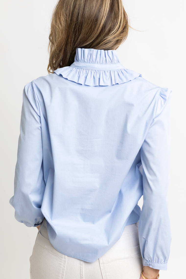 Karlie Poplin Ruffled Collar LS V-Neck in Powder Blue