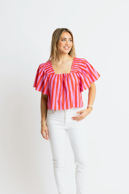 Karlie Square Neck Poplin Top in Red/Pink Stripe