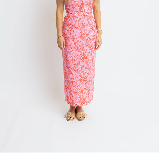 Karlie Scalloped Skirt in Red/Pink Tropical
