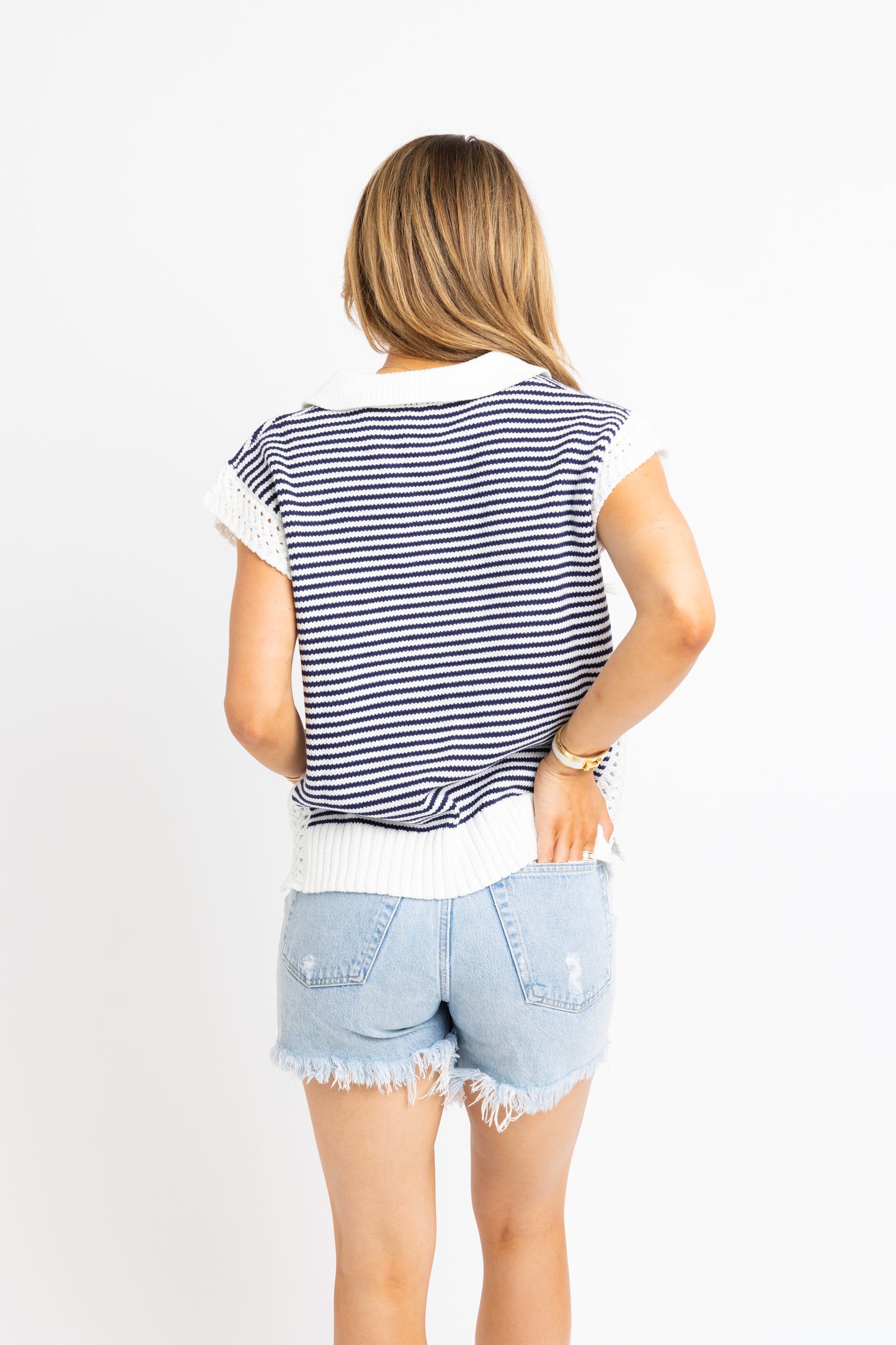 Karlie Sleeveless Knit Sweater in Striped Navy
