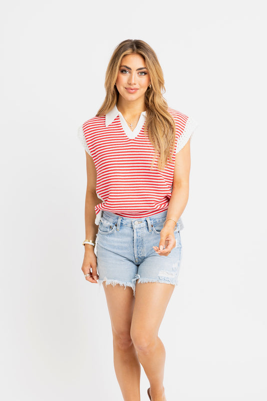 Karlie Sleeveless Knit Sweater in Striped Red