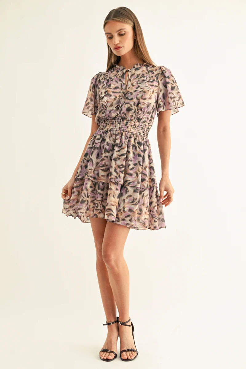 Adelyn Rae Lorena Flutter Sleeve Mini Dress in Lavender Leopard