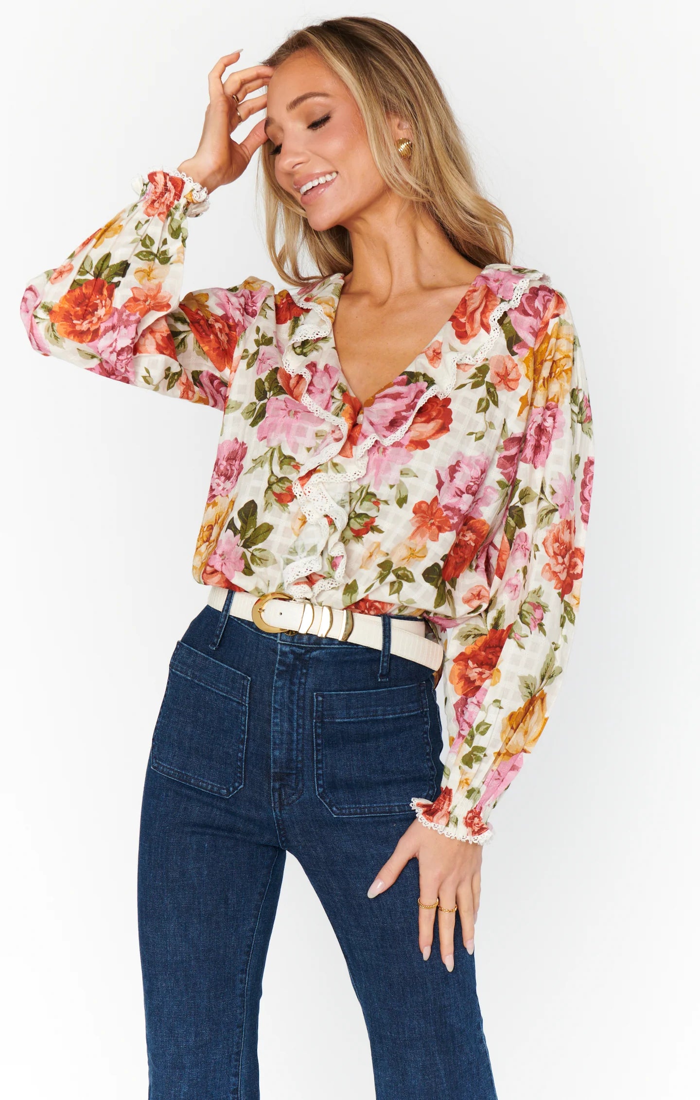 Show Me Your Mumu Lydia Ruffle Top in Ivory Hillside Floral