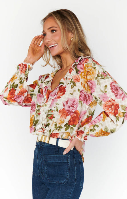 Show Me Your Mumu Lydia Ruffle Top in Ivory Hillside Floral