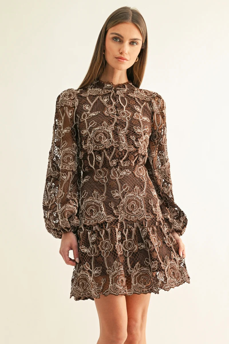 Adelyn Rae Makai LS Lace Mini Dress in Chocolate