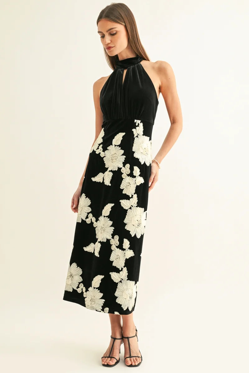 Adelyn Rae Oaklyn Flower Embellished Velvet Midi Dress in Black/Cream