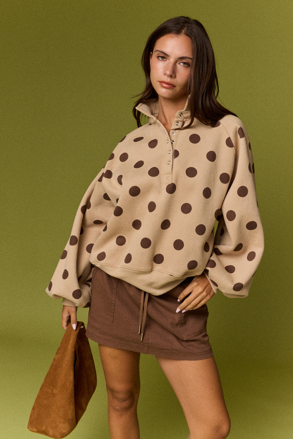 Half Button Collared Pullover in Polka Dot Print