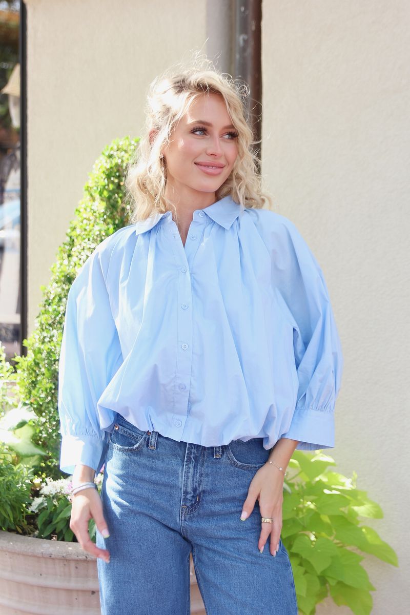 Karlie Poplin Bubble Buttondown Top in Blue