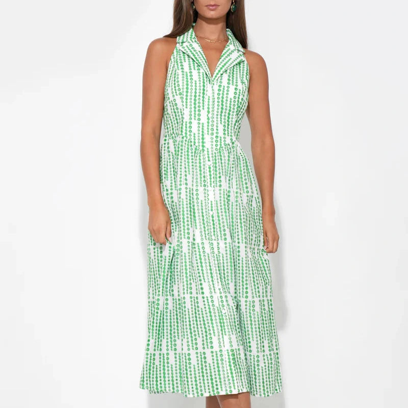 Adelyn Rae Ruby Halter Embroidered Midi Dress in Green/White