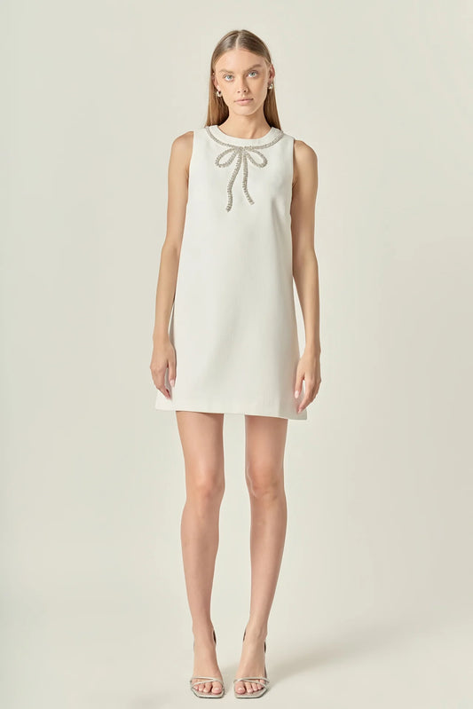 Embellished Bow Front Mini Dress in White