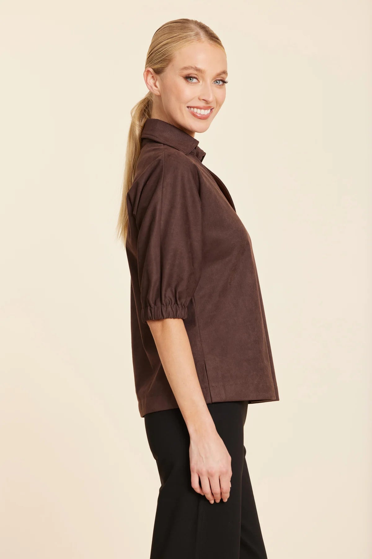Dolce Cabo Suede V-Neck Top in Brown