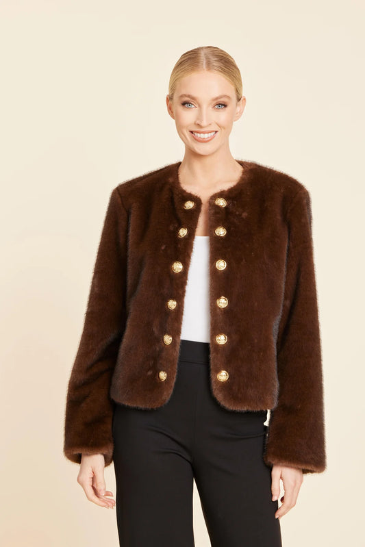 Dolce Cabo Faux Fur Gold Button Jacket in Chocolate