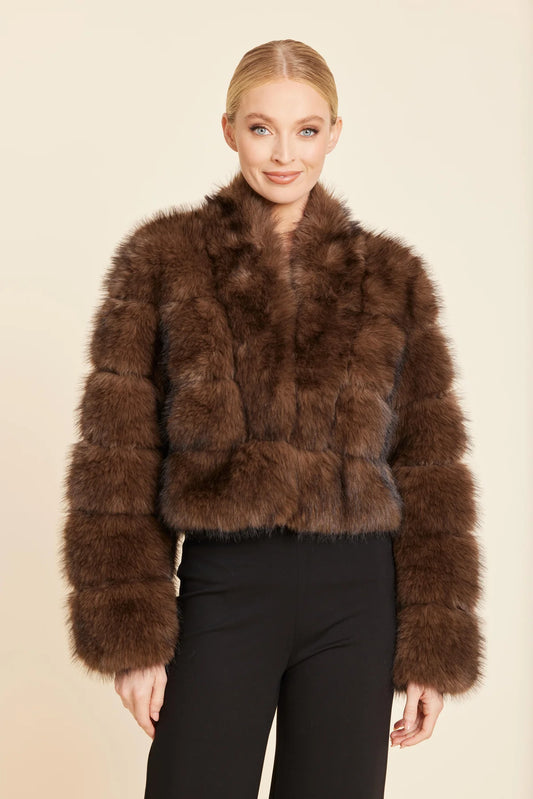 Dolce Cabo Faux Fur Grooved Cropped Jacket in Chocolate