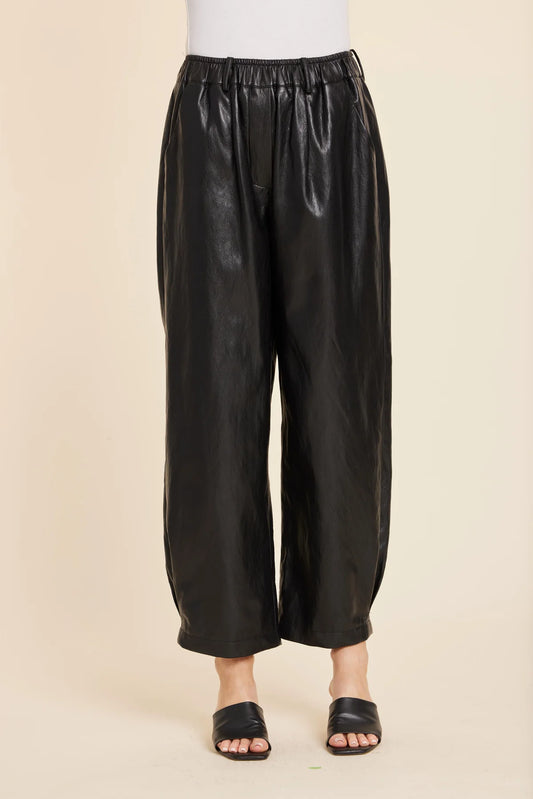Faux Leather Barrel Leg Pant in Black