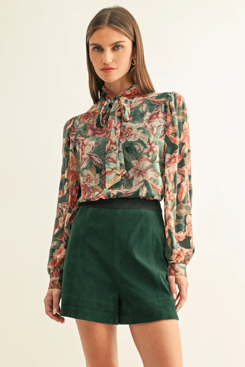 Adelyn Rae Scarlette Velvet Tie Neck Blouse in Teal Multi