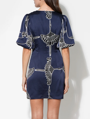 Sylvie V-Neck Bubble Sleeve Mini Dress in Bird Print Blue
