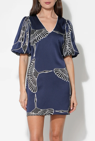 Sylvie V-Neck Bubble Sleeve Mini Dress in Bird Print Blue