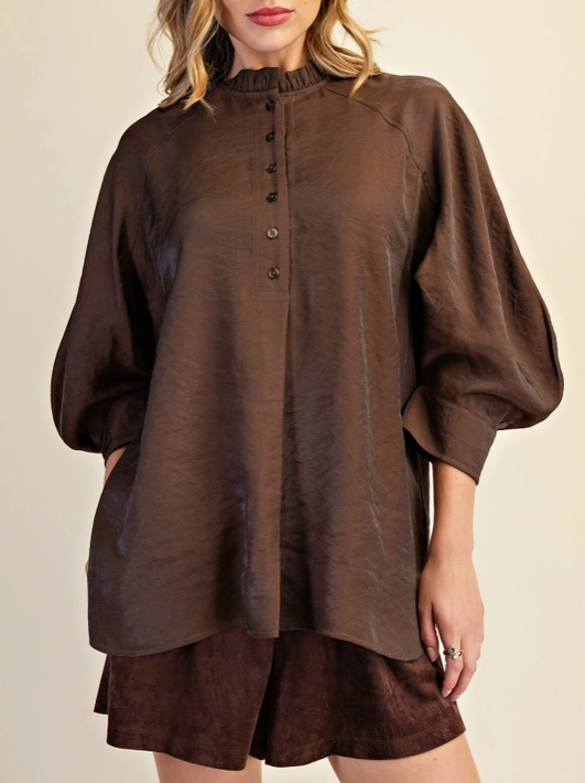 Puff Sleeve Sheen Top in Espresso