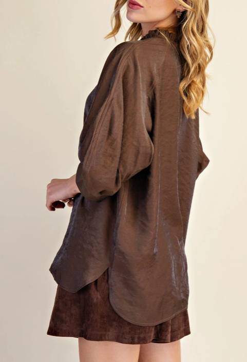 Puff Sleeve Sheen Top in Espresso