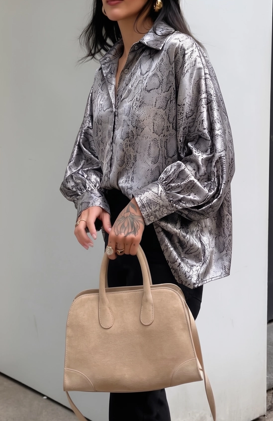 Snake Print Silky Voluminous Sleeve Buttondown Blouse
